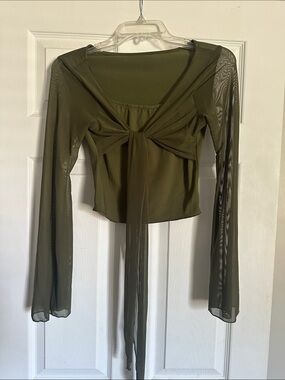 Olive Tie-Front Sheer Sleeve Women's Top